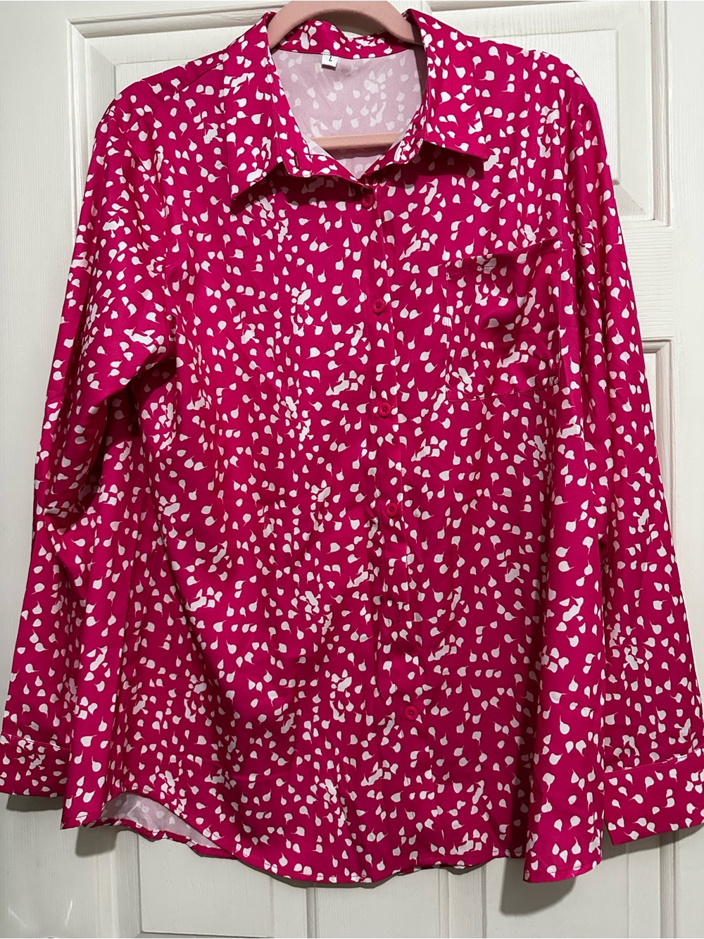 Fuchsia Pink Heart Print Button-Up Blouse